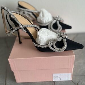 Mach & Mach Black Satin Heels with Crystal Bow